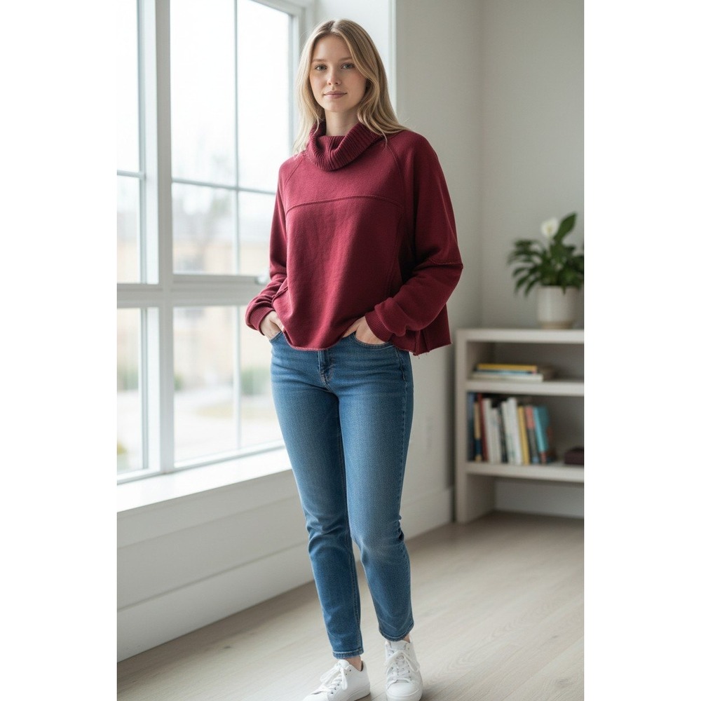 Aerie Cropped Raw Hem Funnel Neck Sweatshirt Burgundy Pullover Top Size Medium